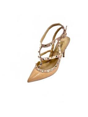 Kaitlyn Pan Size 5.5 Rockstud Leather Pointed Toe Leather Heels Tan and Pink